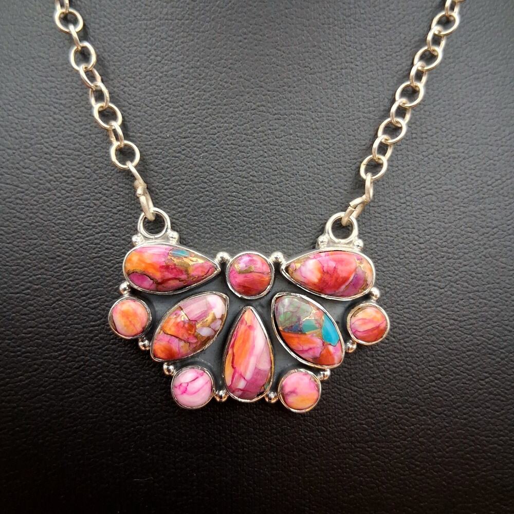 Pink Mojave Turquoise Cluster Necklace Sterling Silver Sz 14-19” Southwestern